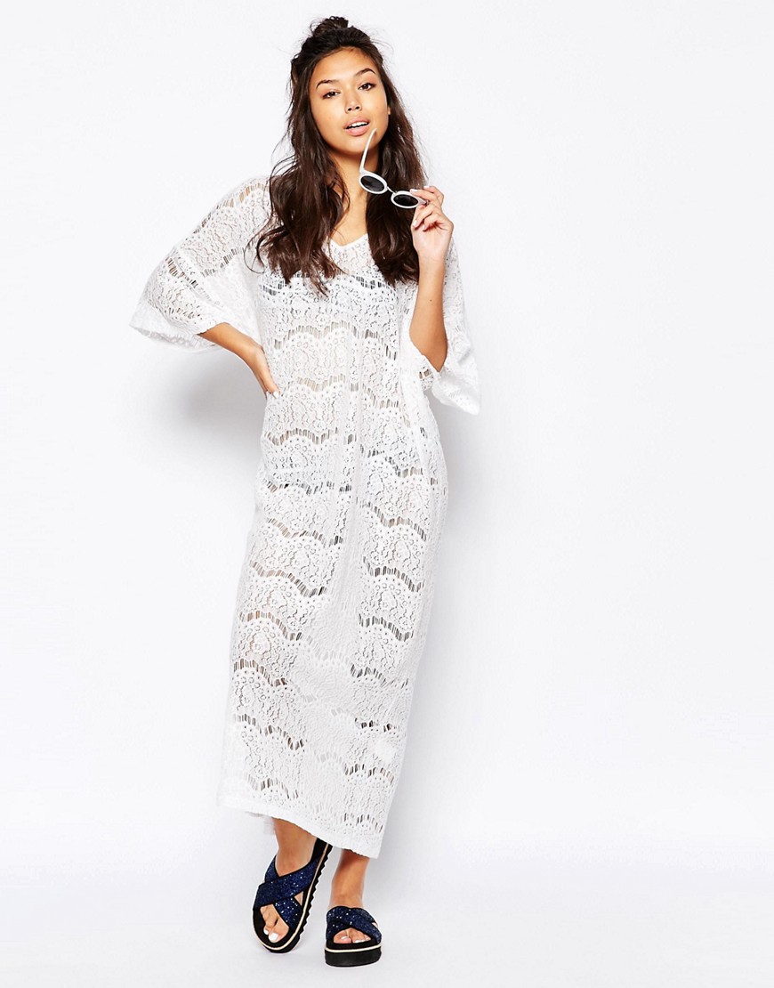 F4570-1 All Over Lace Beach Maxi Dress White Women Beachwear